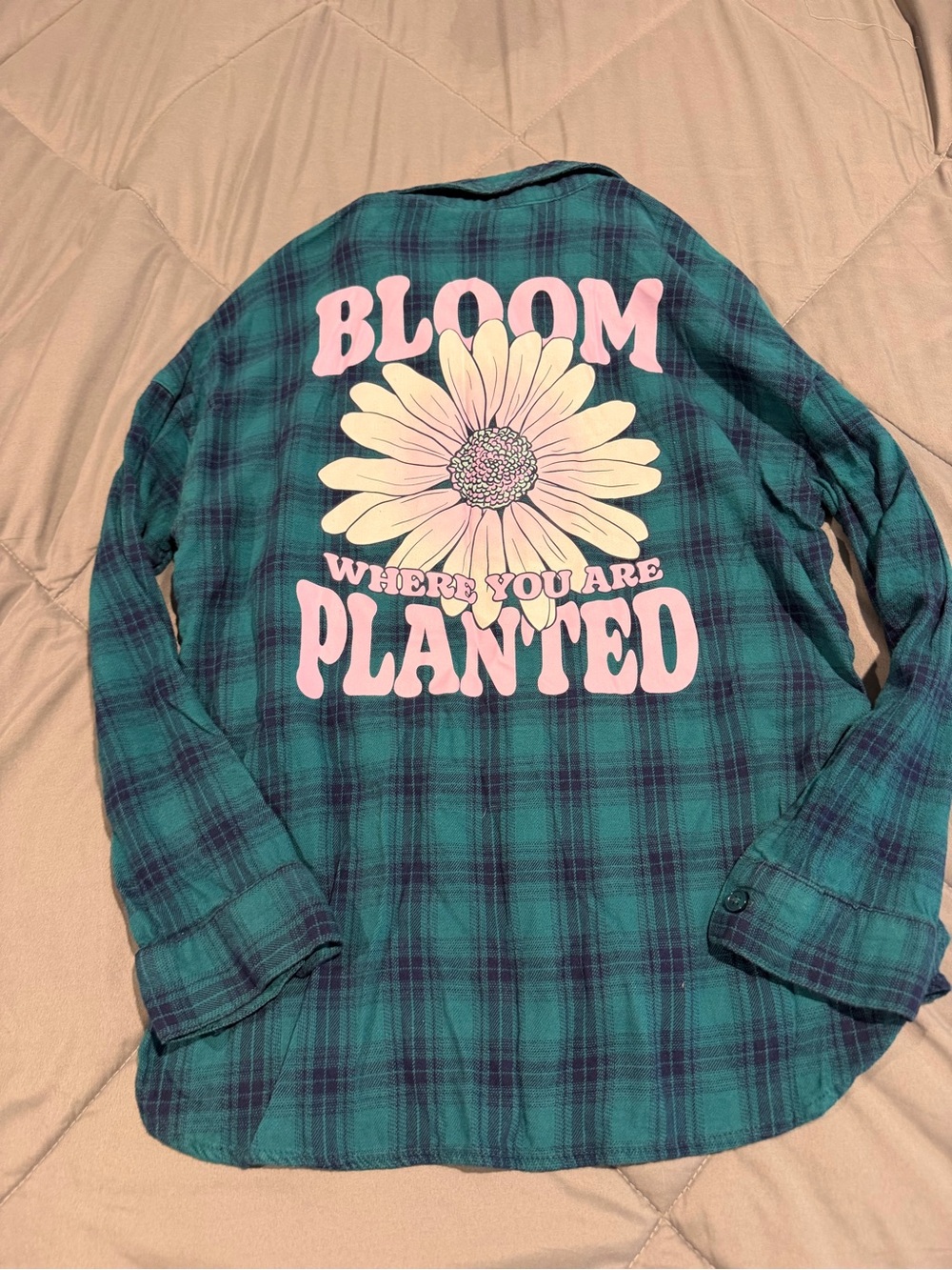 Justice Teal Plaid Button-Up with Pink Daisy Graphic